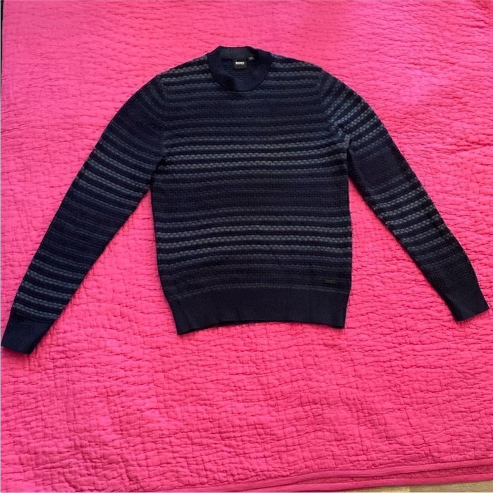 Hugo Boss Men's Navy Striped Crewneck Sweater, S